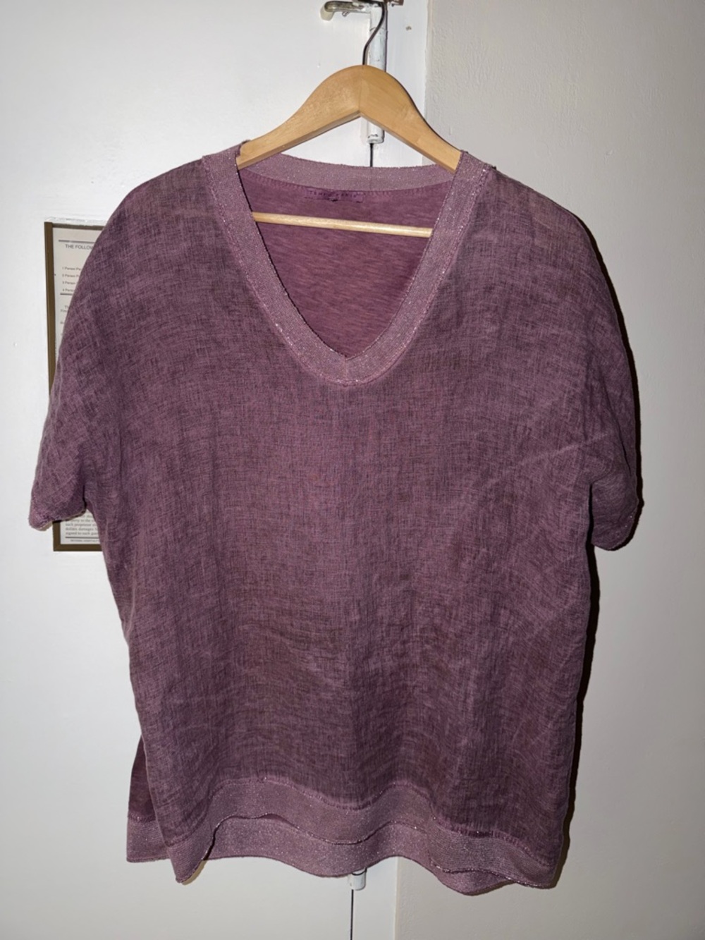 Tempo Paris Linen V-Neck Pullover Top in Dusty Plum
